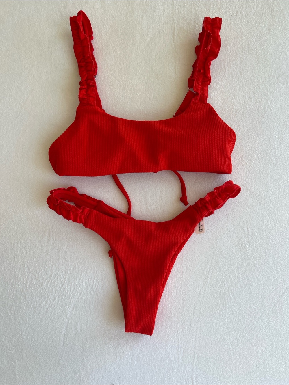 Zaful Red Ribbed Ruffle Strap Bikini Set Size S Bralette Cheeky Coquette Swim